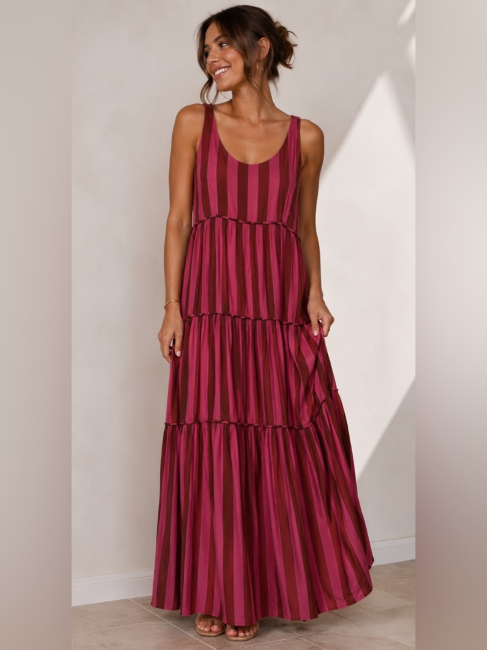 Cloth & Portrait XL Tiered Maxi Dress Magenta & Maroon Stripes